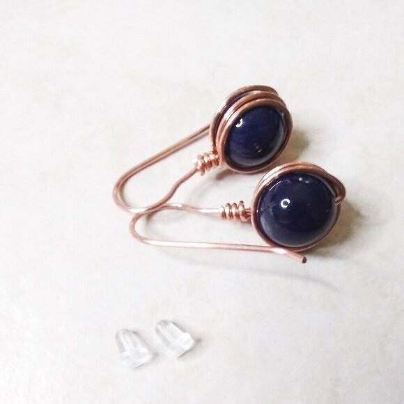 Scrumptious! Deepest Purple Agate + Copper ~ Chunky Wire Wrapped Dangle Earrings - Picture 4 of 8